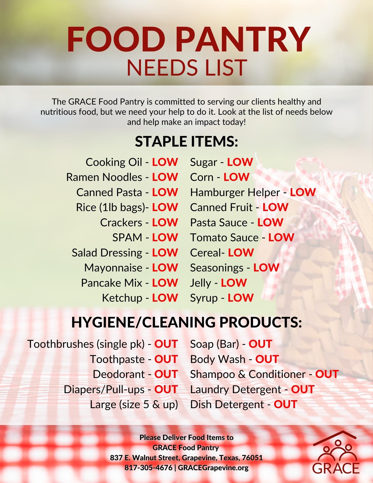 Summer Food Pantry Needs List GRACE Grapevine